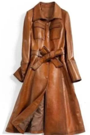 Women Stylish Italian Brown Waxed Leather Coat